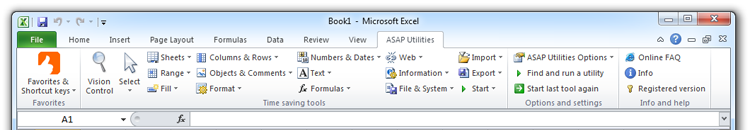 Excel 2010 with ASAP Utilities in the menu